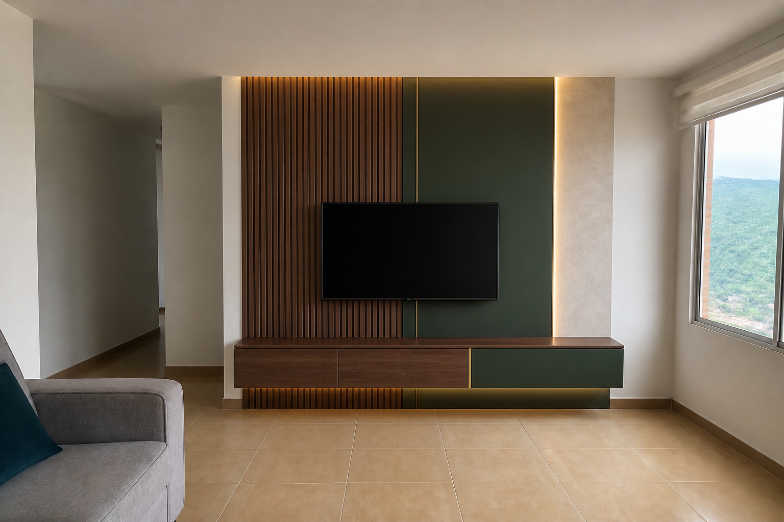 Sala transformada con hall y mueble de televisión a medida