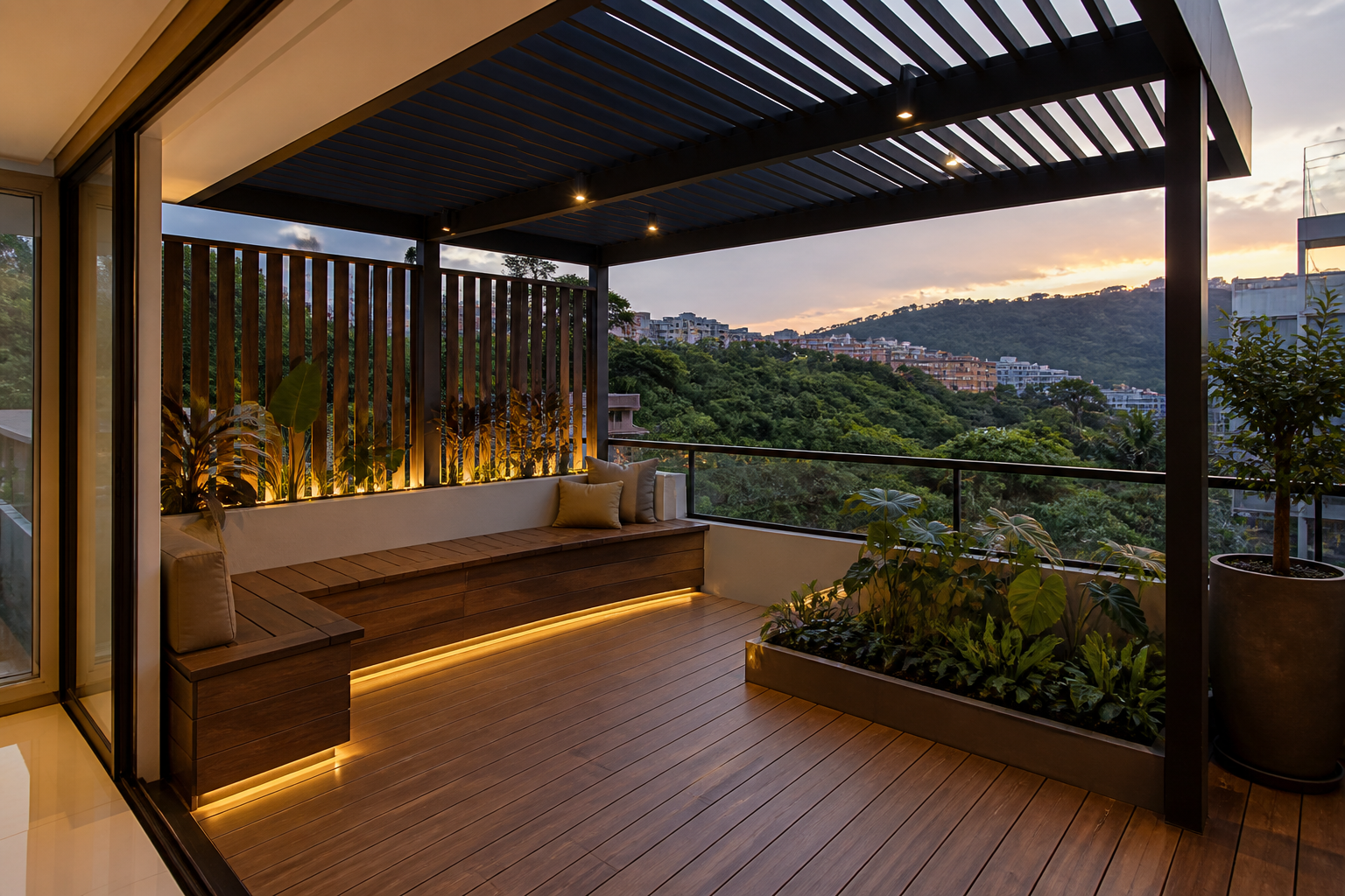 Terraza con pérgola y deck para apartamento en Floridablanca